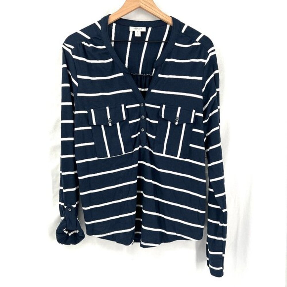 NEWโ Style & co. popover navy blue striped blouse 100% cotton coastal grandma 0X